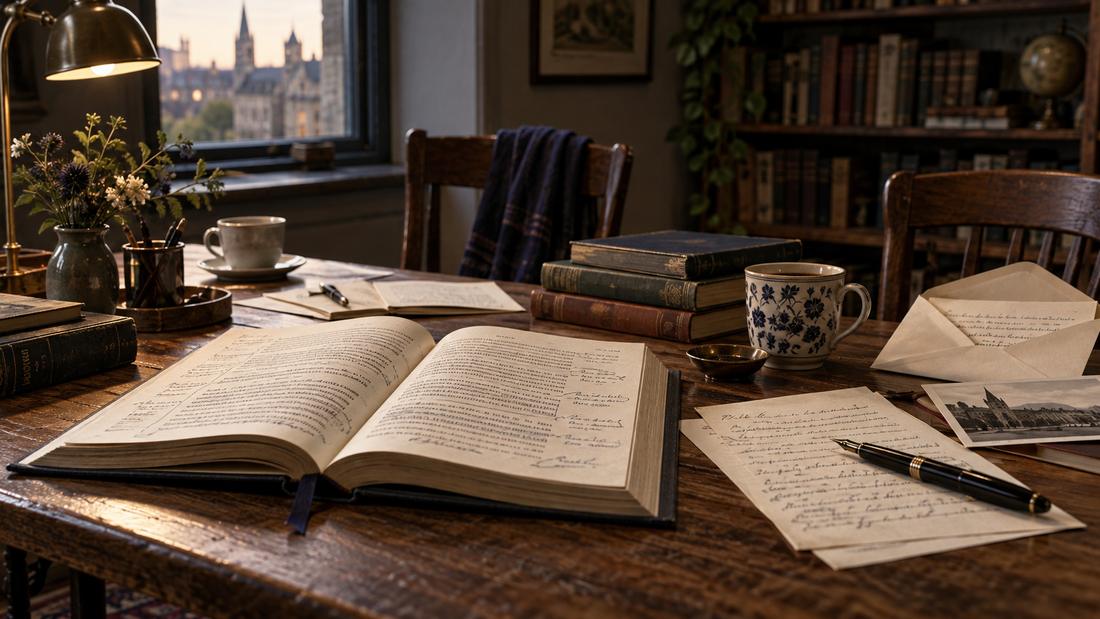 A writer's desk at dusk: an open annotated book, handwritten pages, a fountain pen, and a cup of coffee before a window overlooking a city