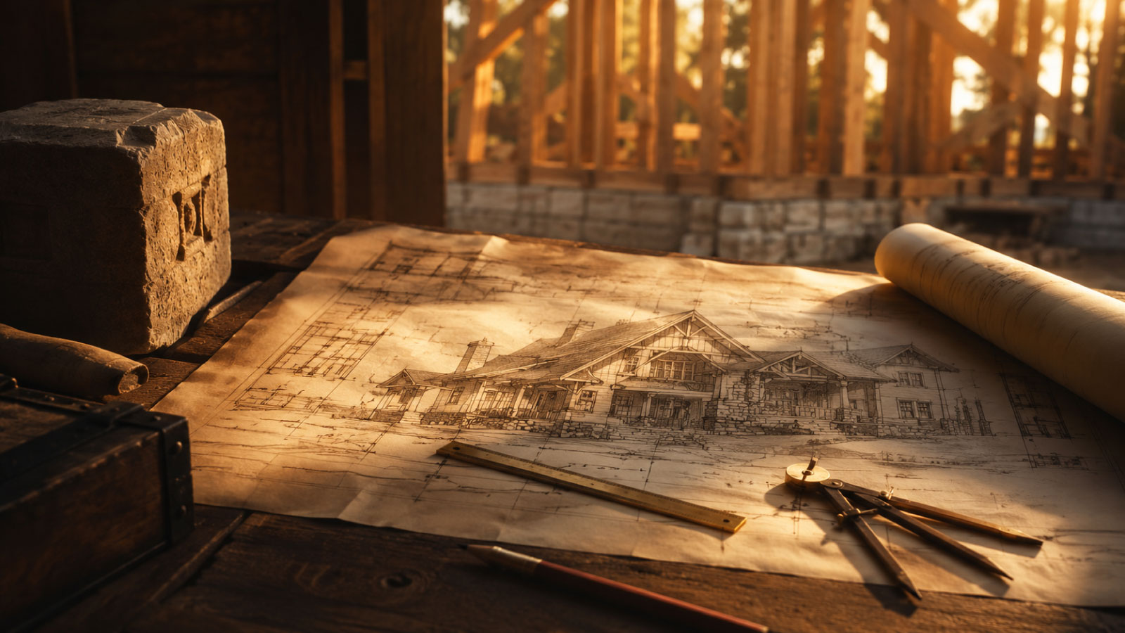 An architect’s drafting table at golden hour with an unrolled blueprint, brass compass, and ruler