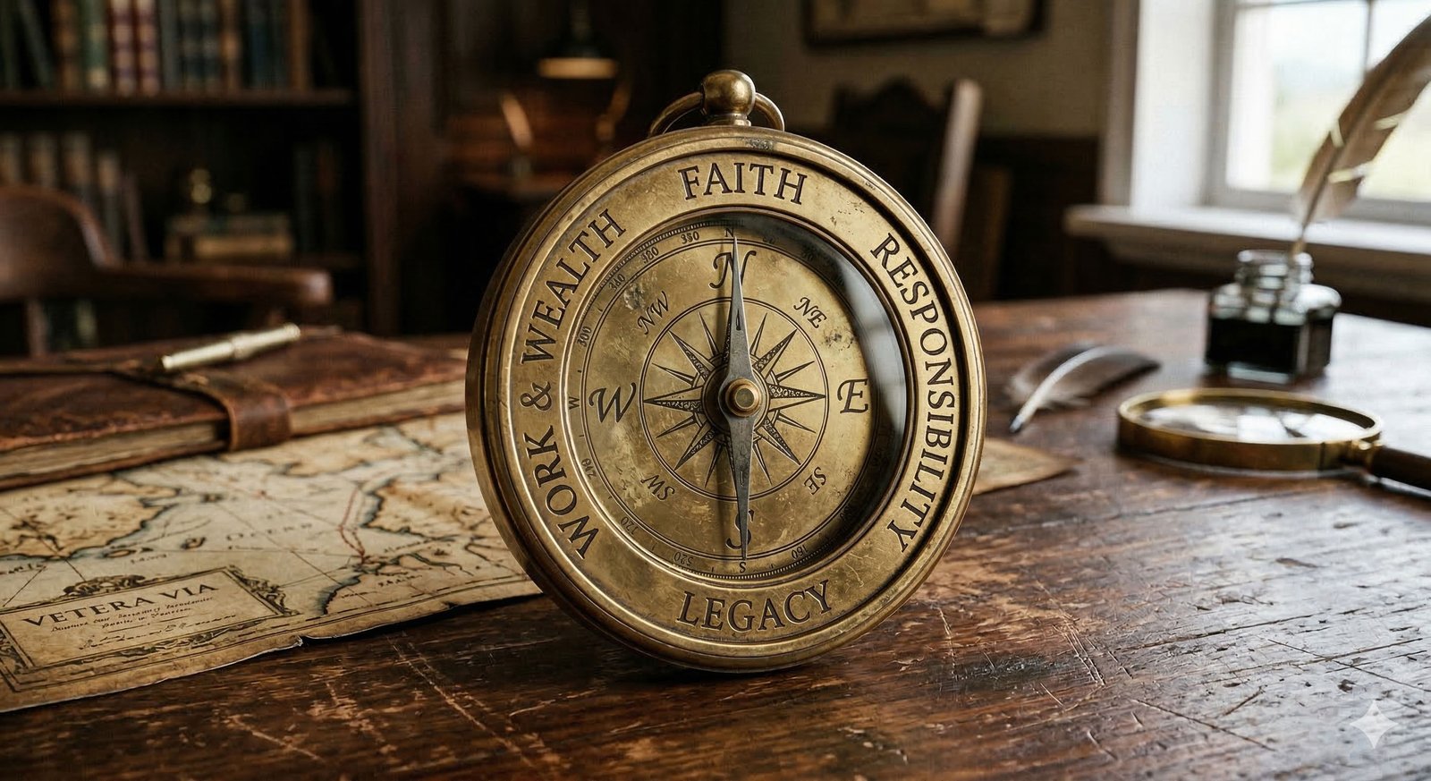 A brass compass engraved with Faith, Responsibility, Work & Wealth, and Legacy — the four pillars